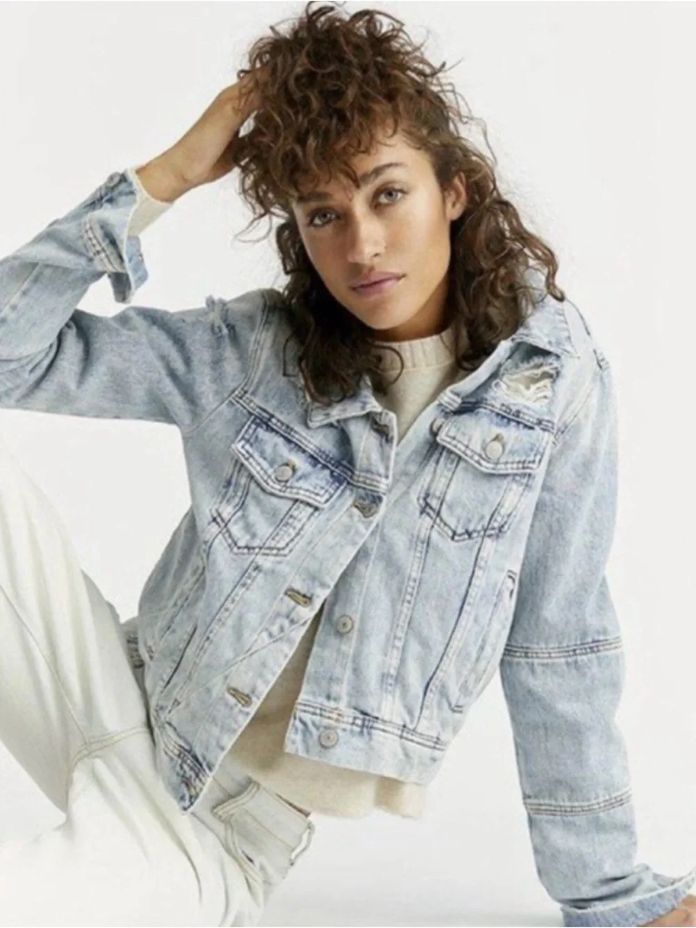 Free People Light Blue Distressed Denim Jacket - Size Medium - Picture 3 of 7